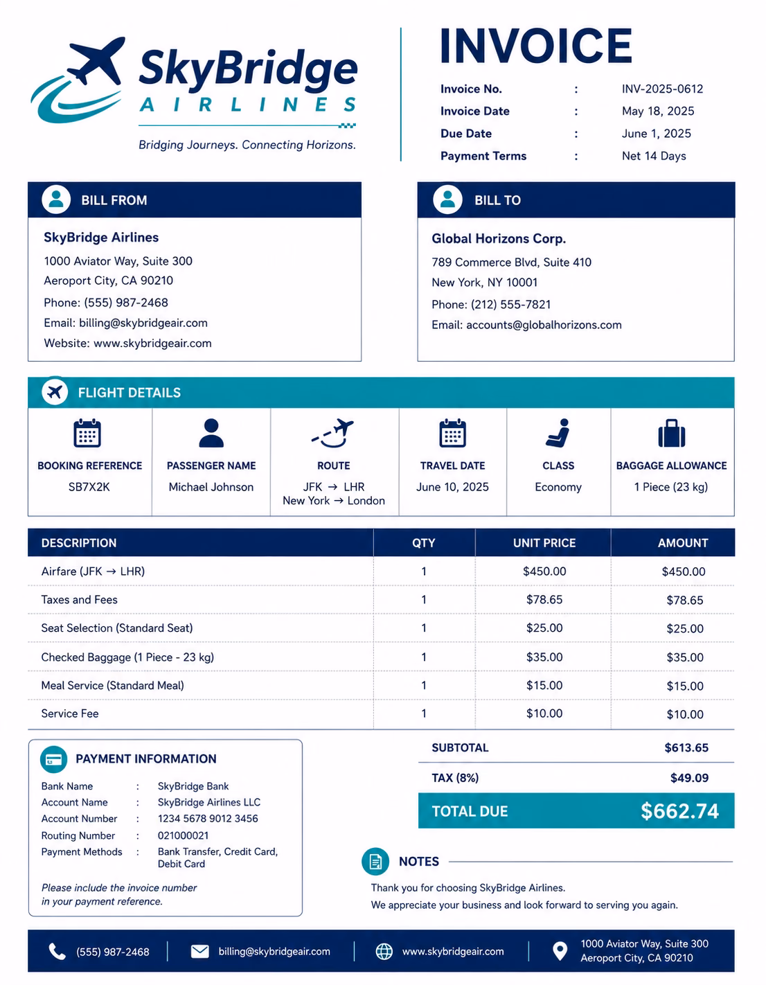 Airline invoice template showing flight booking details, ticket charges, travel services, and payment information