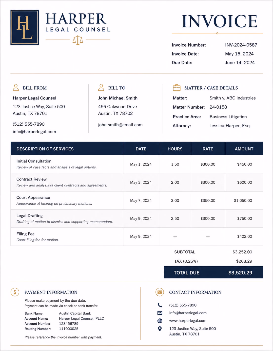 Attorney invoice template showing legal services, consultation fees, case details, and payment information