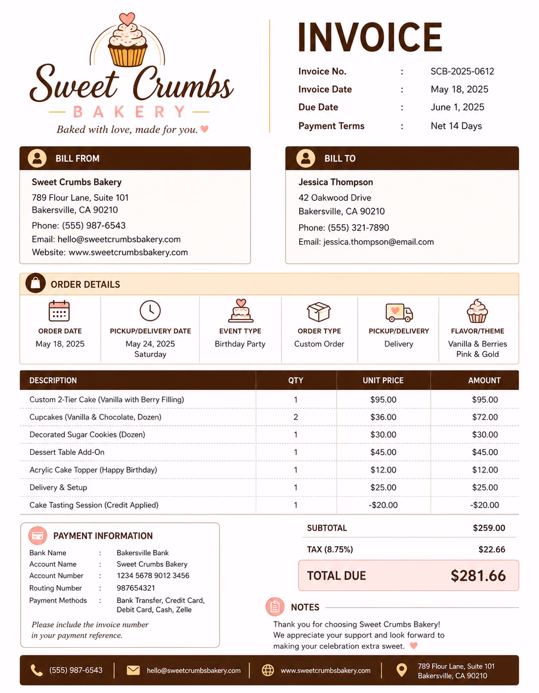 Bakery invoice template showing baked goods, order details, product charges, and payment information