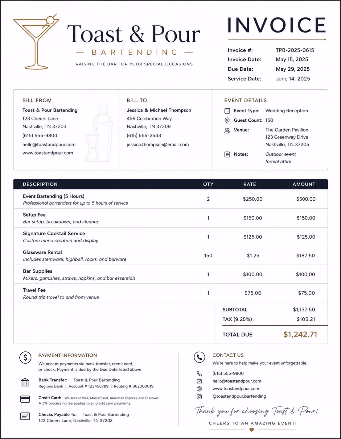 Bartender invoice template showing bartending services, event details, service hours, and payment information