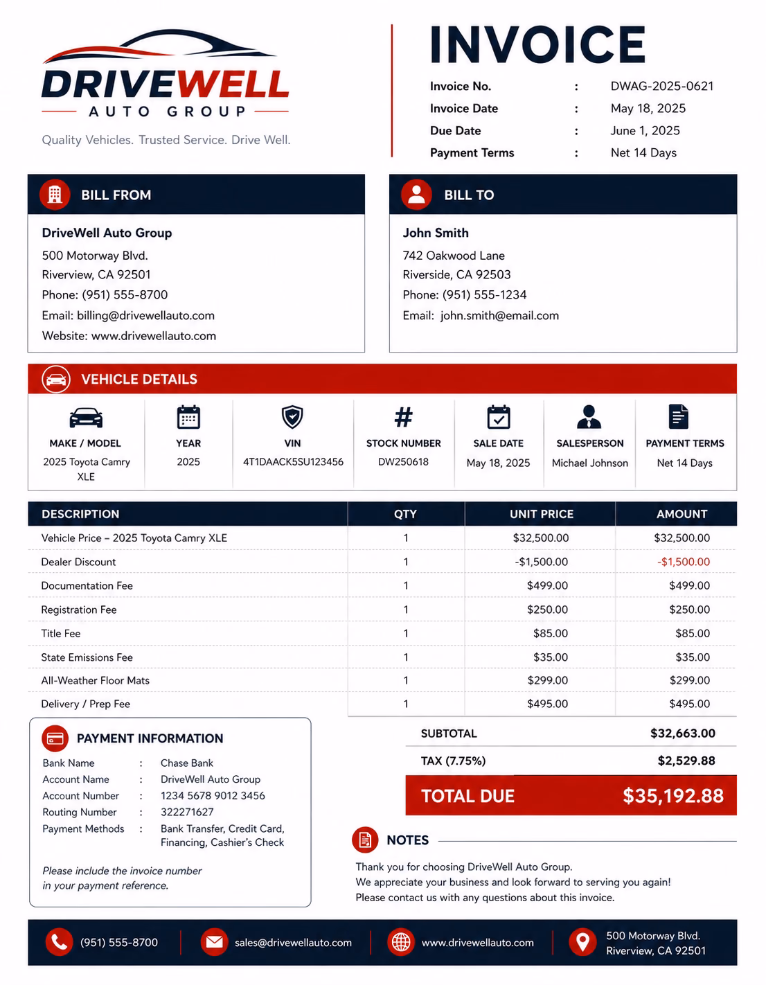 Car dealer invoice template showing vehicle sale details, trade-in credits, dealer fees, taxes, deposits, and payment information