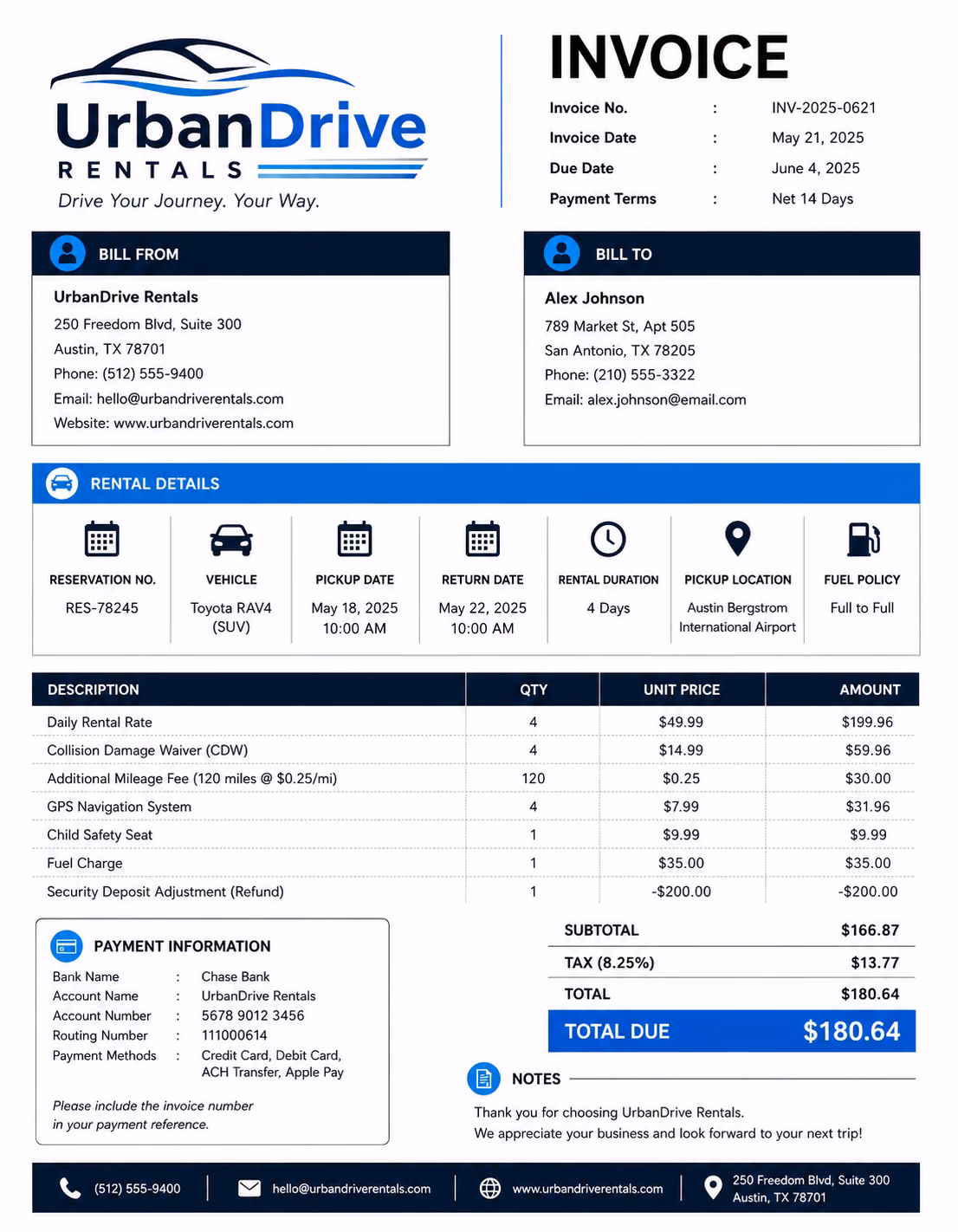 Car rental invoice template showing vehicle rental details, rental charges, service fees, and payment information