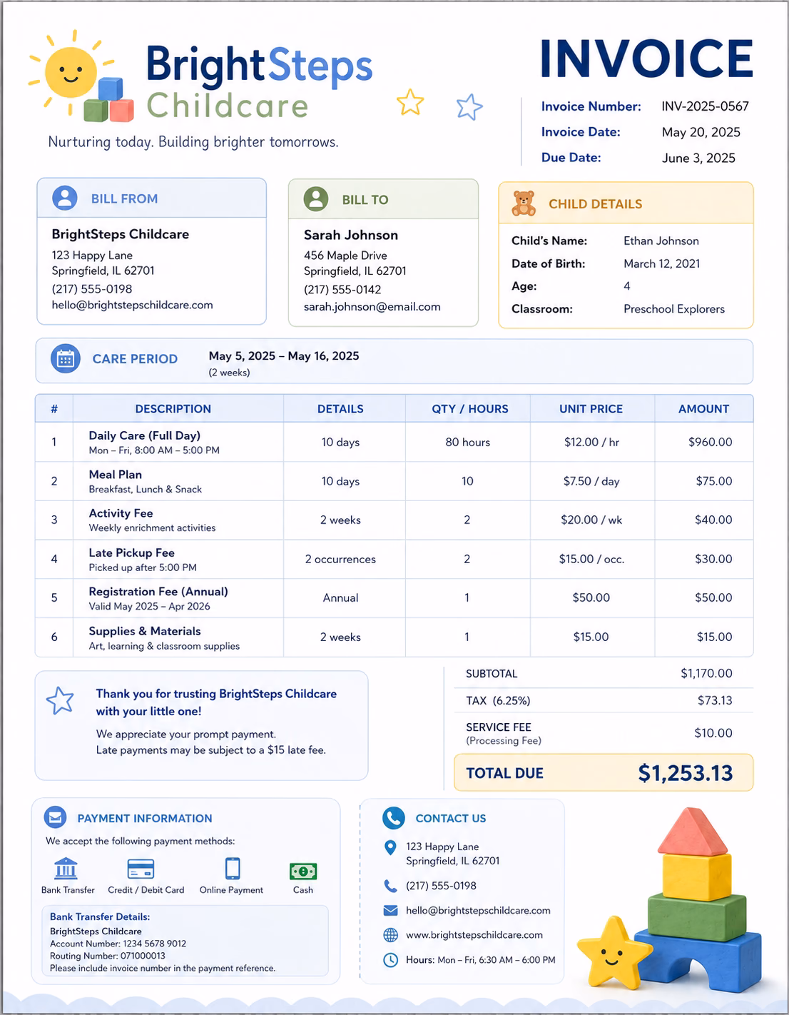 Childcare invoice template showing childcare services, care hours, service charges, and payment information
