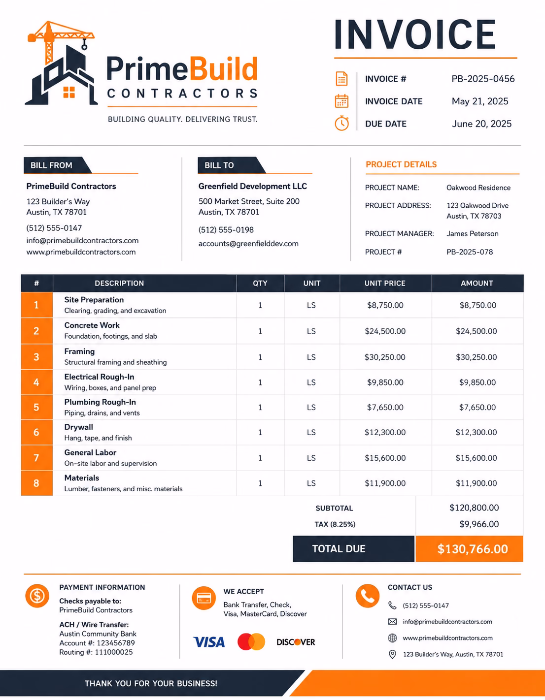 Contractor invoice template showing labor, materials, subcontractor costs, job expenses, deposits, and payment details