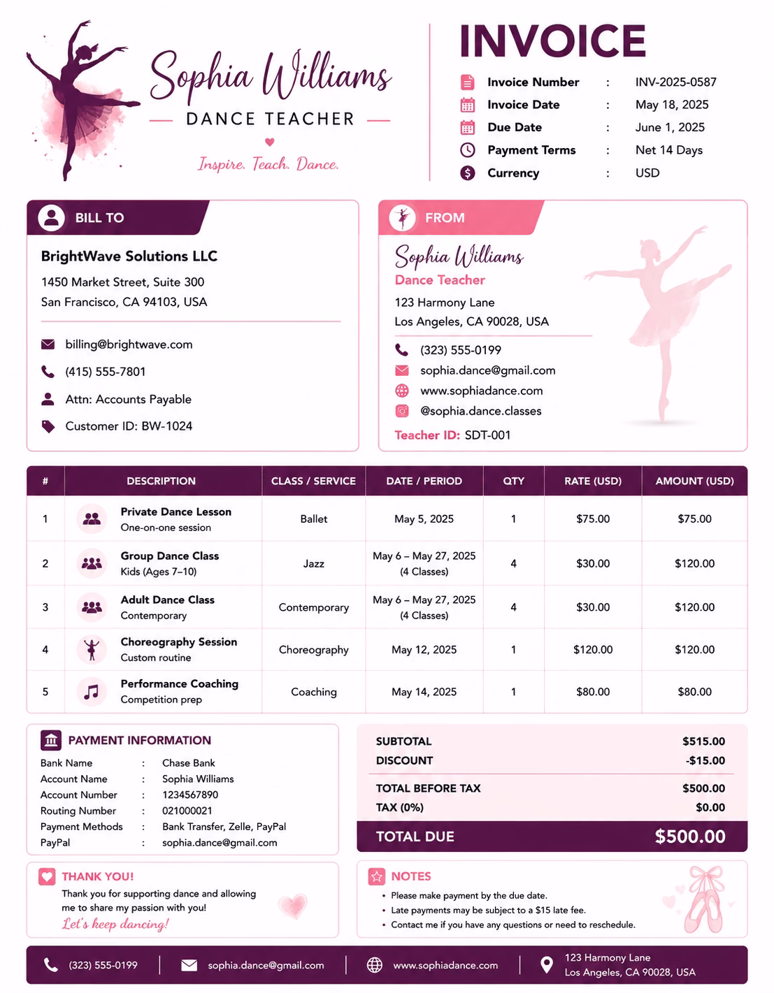 Dance Teacher Invoice Template