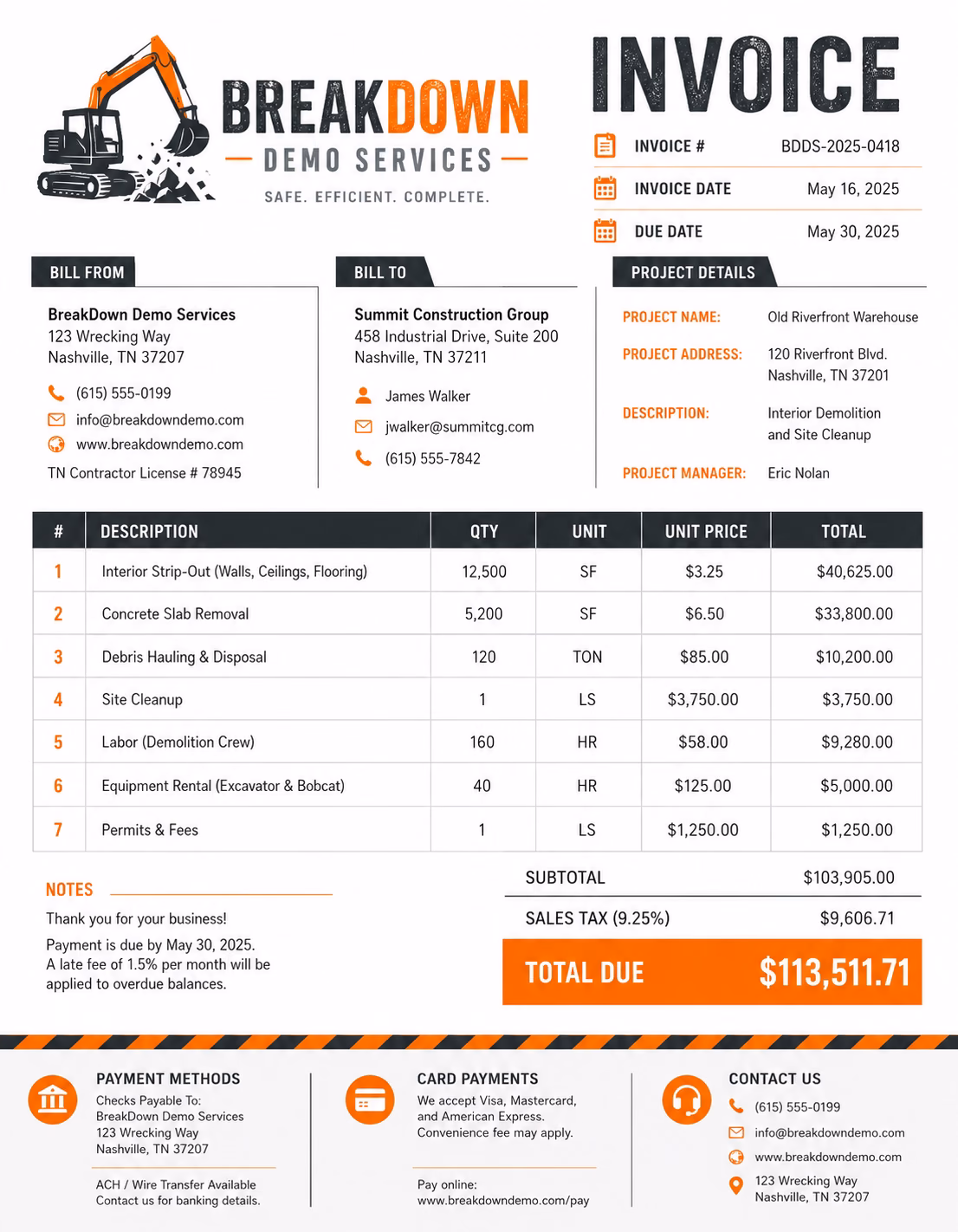 Demolition invoice template showing labor, equipment, debris hauling, disposal fees, permits, taxes, and payment details
