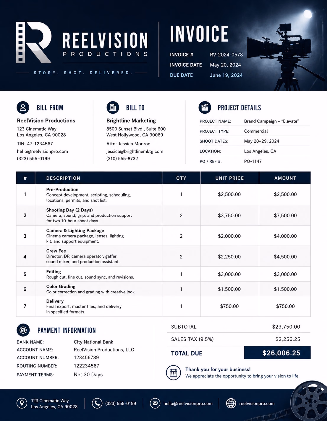 Film production invoice template showing filming, crew fees, equipment rental, locations, editing, post-production, deposits, and payment details