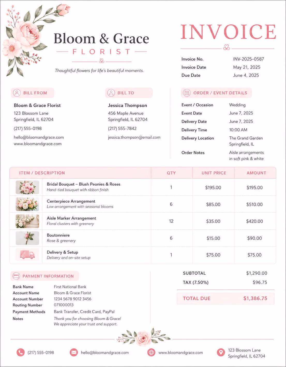 Florist invoice template showing floral services, flower arrangements, order details, and payment information