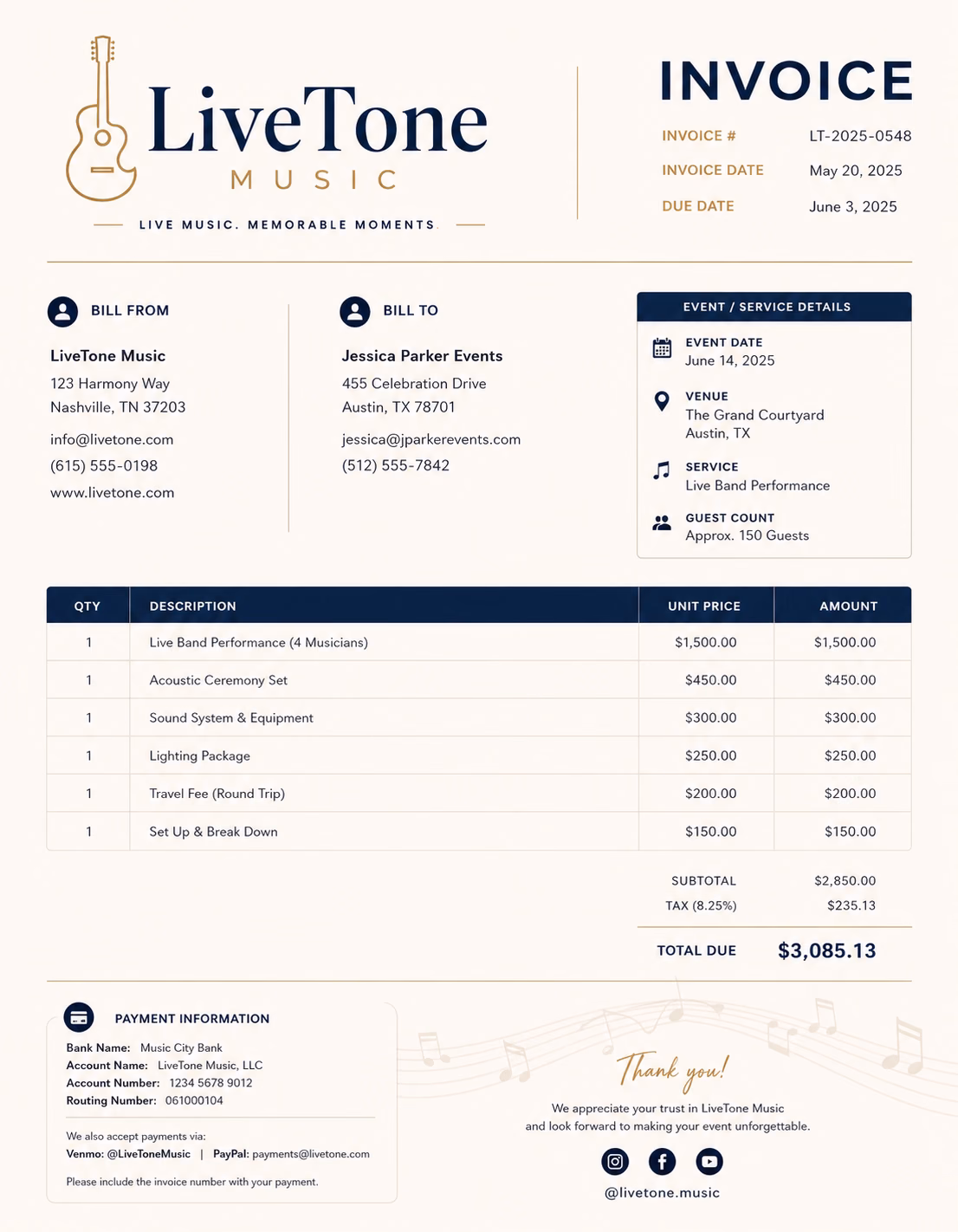 Musician invoice template showing music performance services, event details, session fees, and payment information