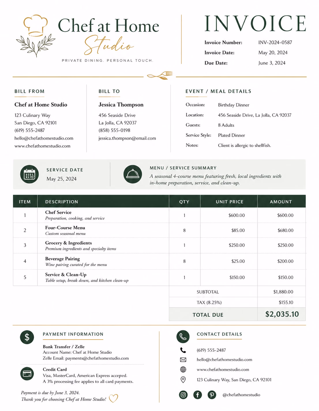 Personal chef invoice template showing meal preparation services, menu details, service charges, and payment information