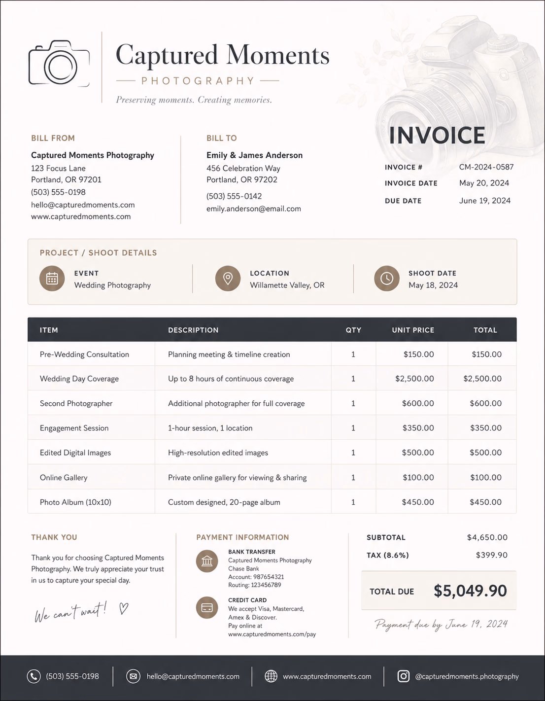 Photography invoice template showing photography services, session details, editing charges, and payment information