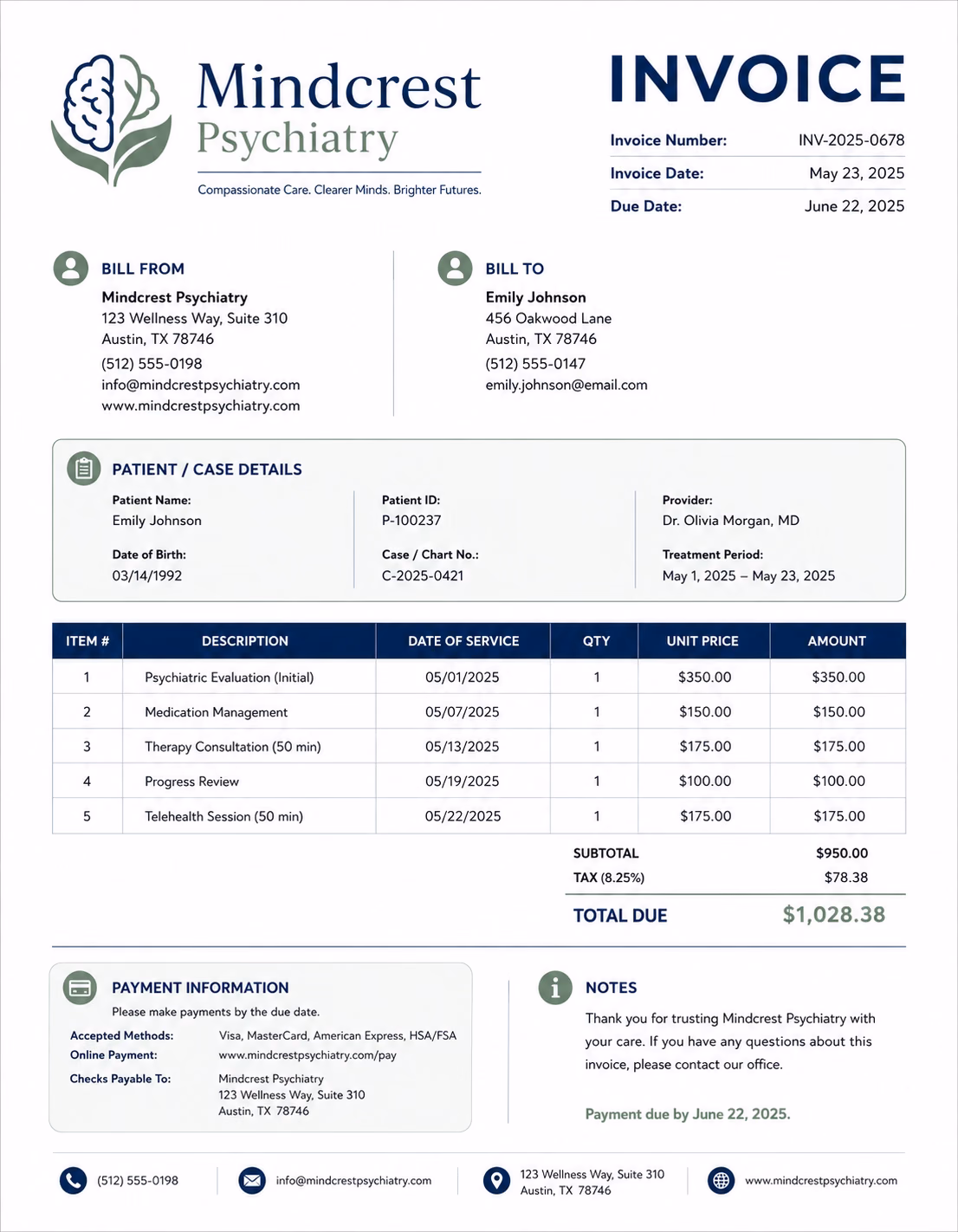 Psychiatrist invoice template showing psychiatric consultation services, treatment details, session fees, and payment information