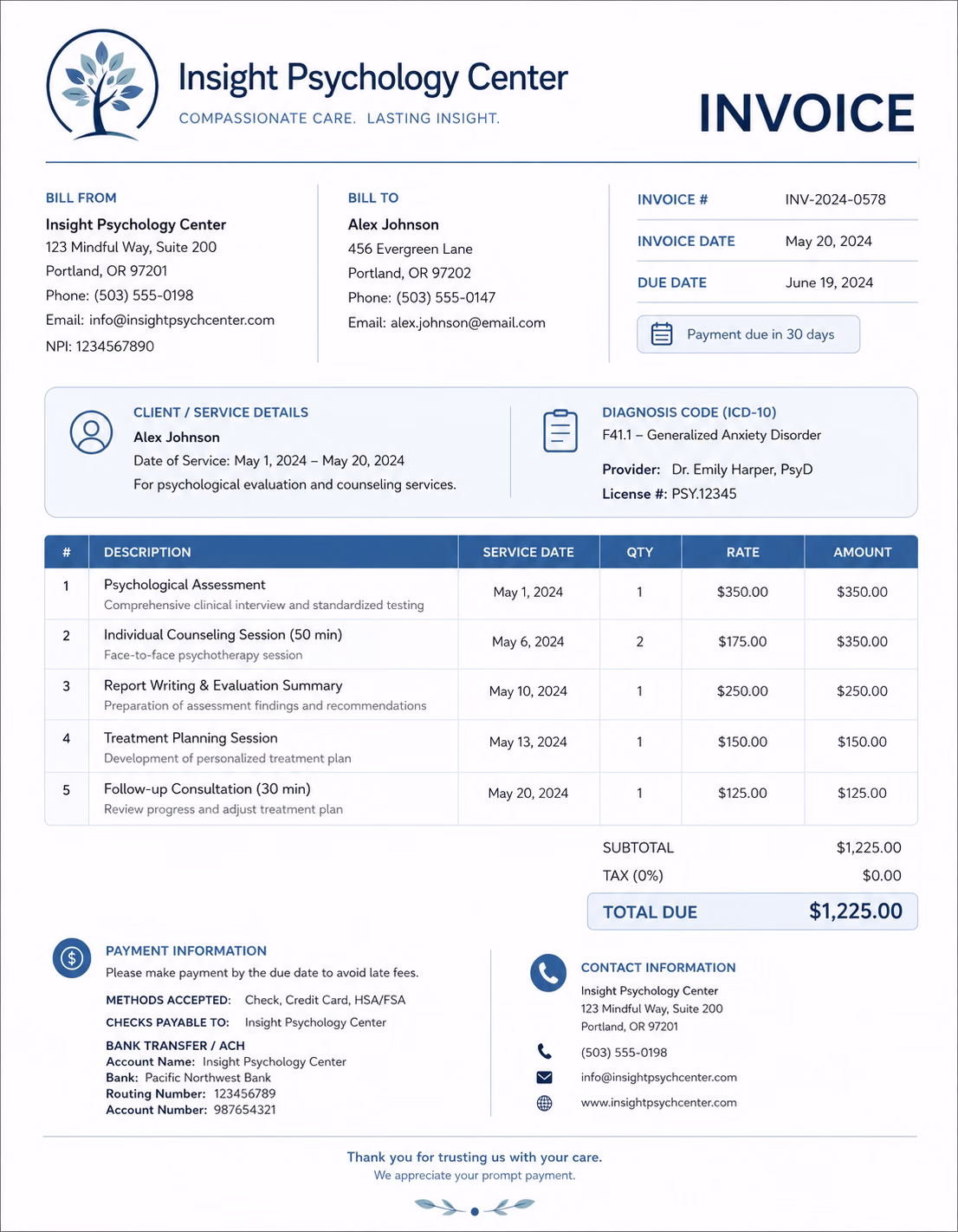 Psychologist invoice template showing psychological consultation services, therapy sessions, treatment details, and payment information