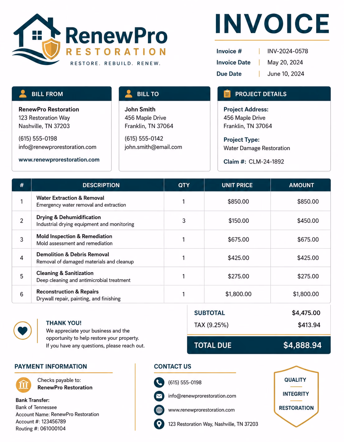Restoration invoice template showing restoration services, labor charges, materials, project details, and payment information