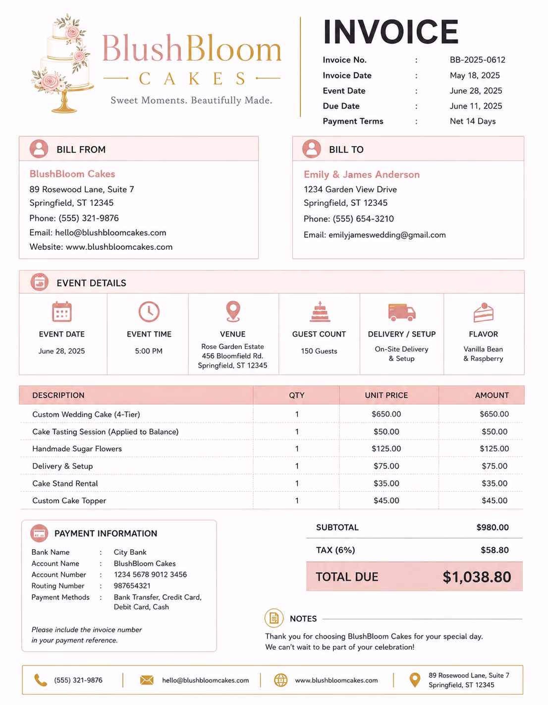 Wedding cake invoice template showing custom cake services, order details, design charges, and payment information