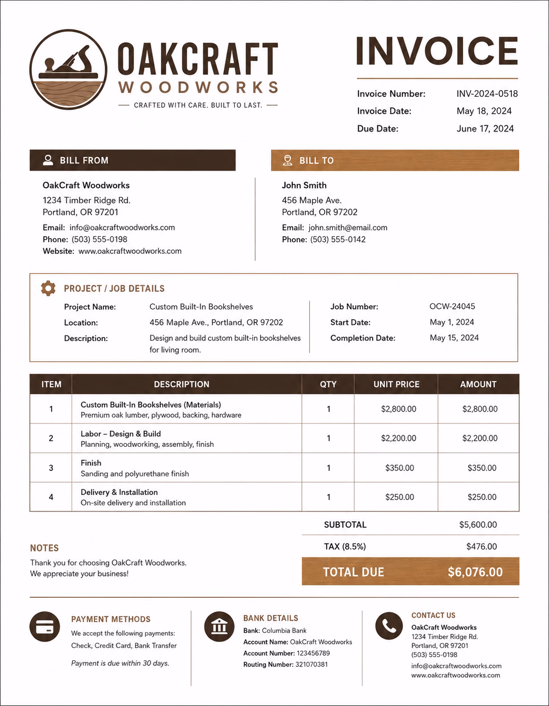 Woodworking invoice template showing custom woodwork, furniture making, repairs, materials, labor, finishing, delivery, and payment details