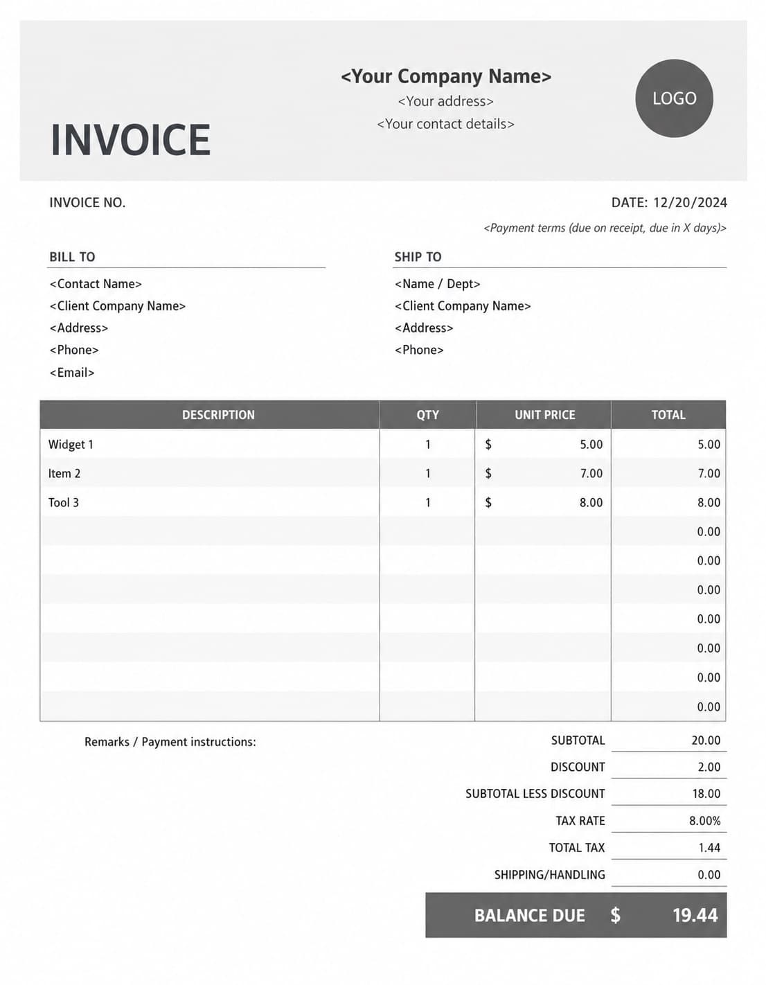 Minimal Gray Invoice Template preview
