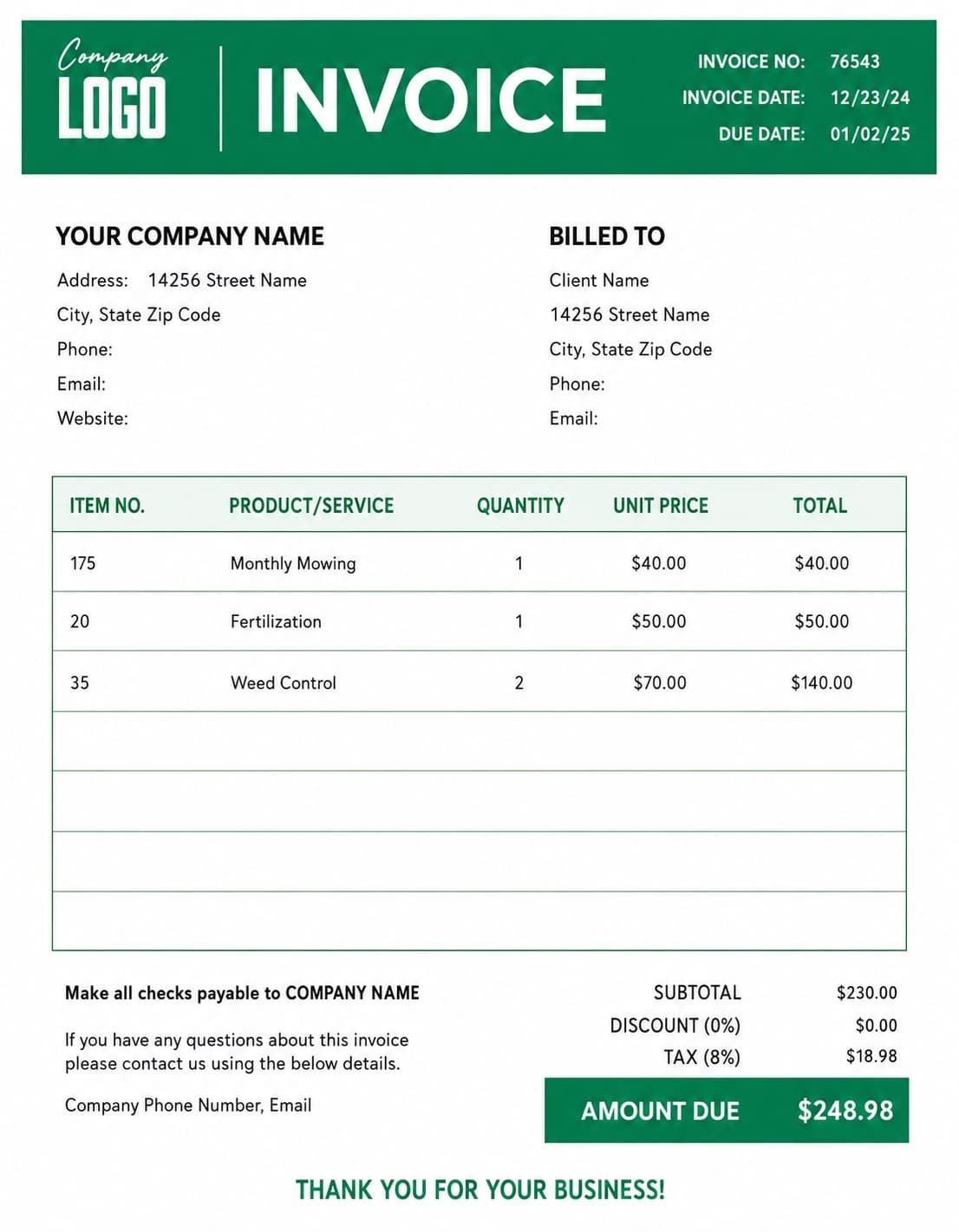 Green Lawn Care Invoice Template preview