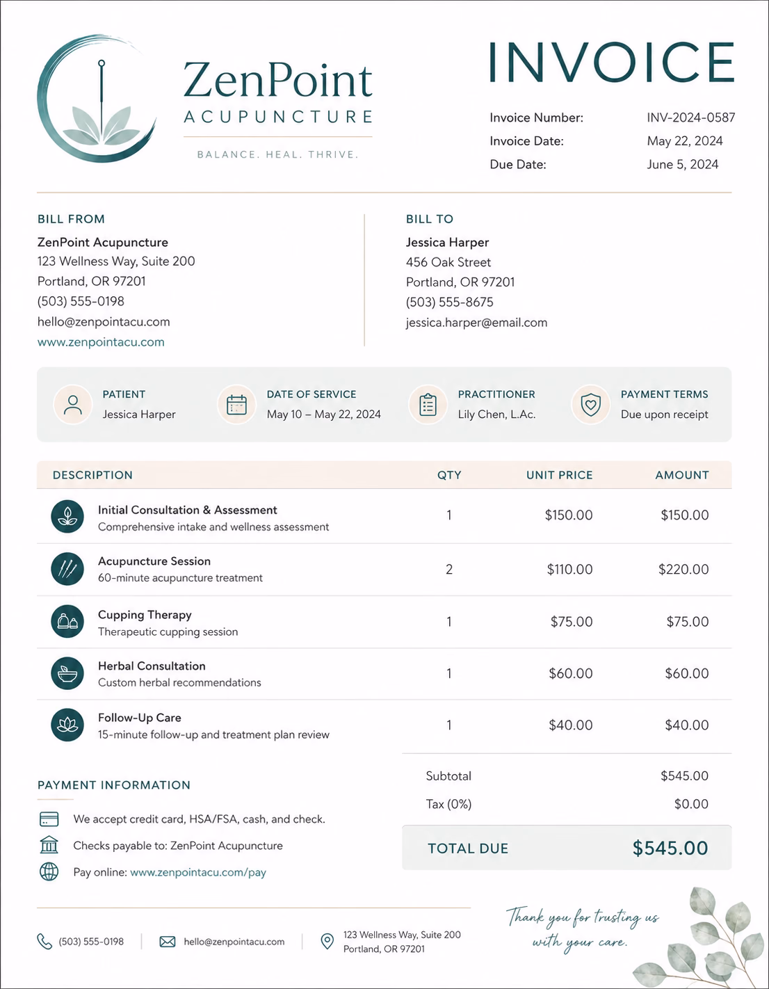 Free Acupuncture Invoice Template Acupuncture invoice template showing acupuncture treatment services, session details, treatment charges, and payment information
