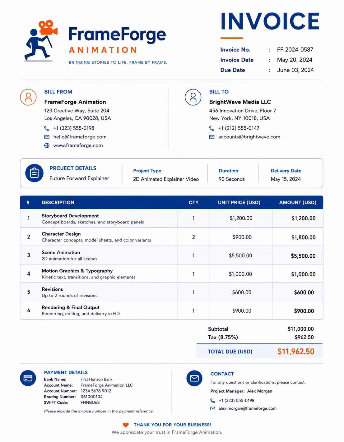 Free Animation Invoice Template Animation invoice template showing character animation, motion graphics, storyboards, revisions, rendering, licensing, deposits, and payment details