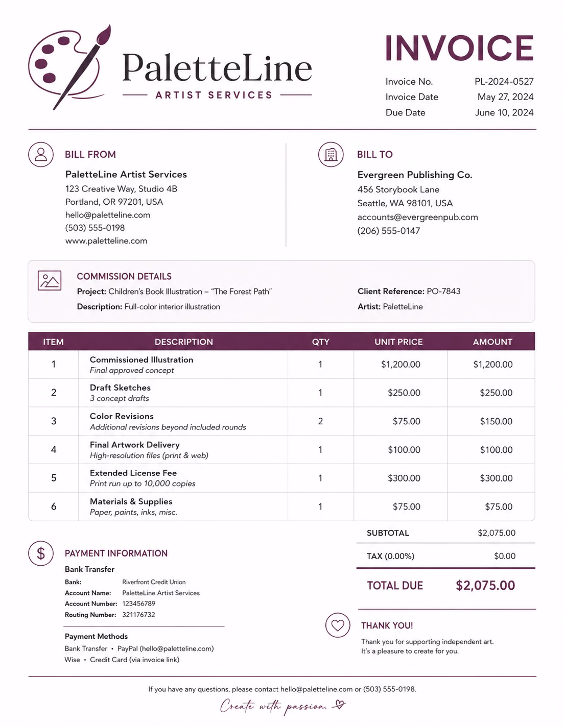 Free Artist Invoice Template Artist invoice template showing artwork commissions, original art, digital art, murals, prints, materials, licensing, deposits, and payment details