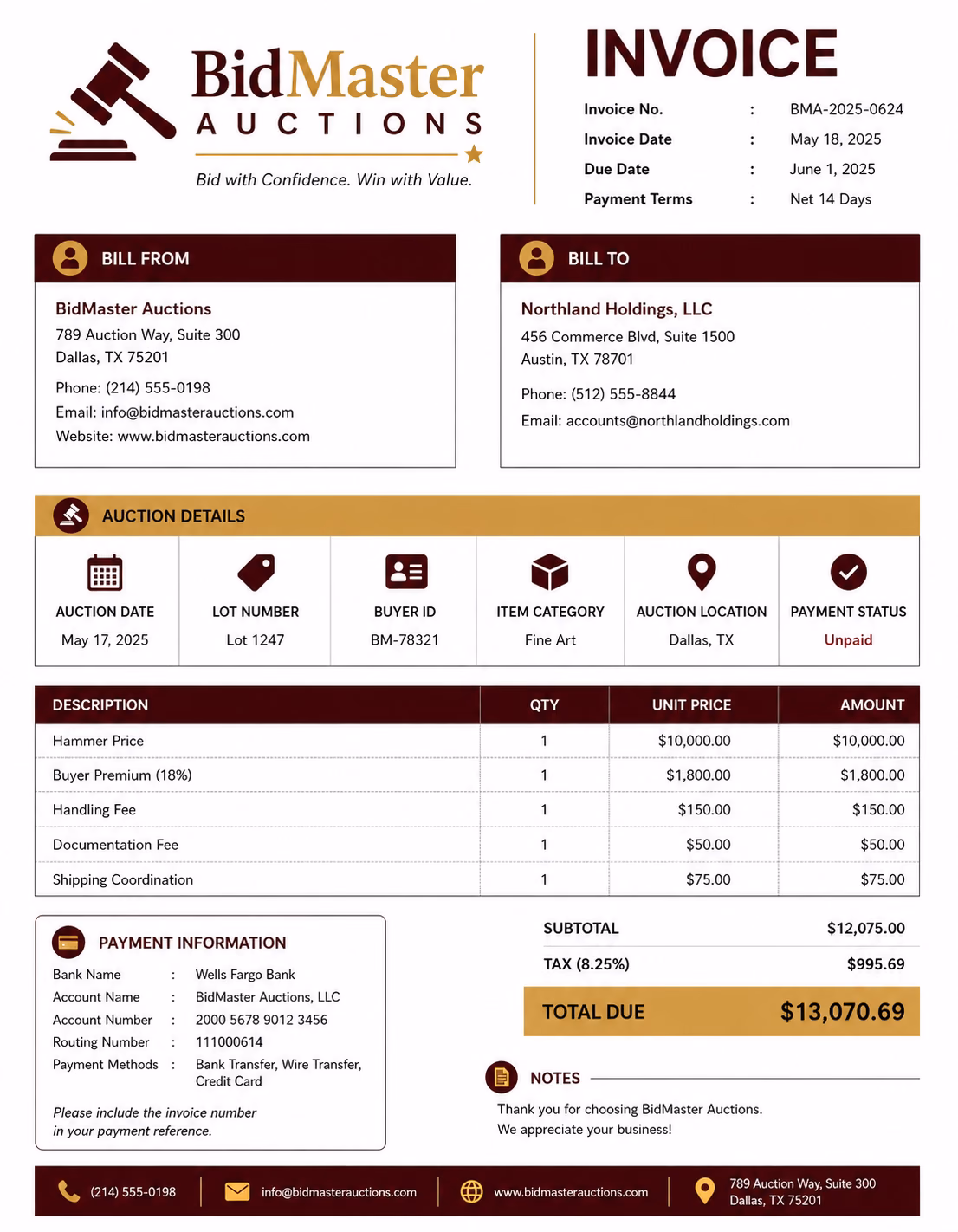 Free Auction Invoice Template Auction invoice template showing auction sales, item details, buyer charges, and payment information