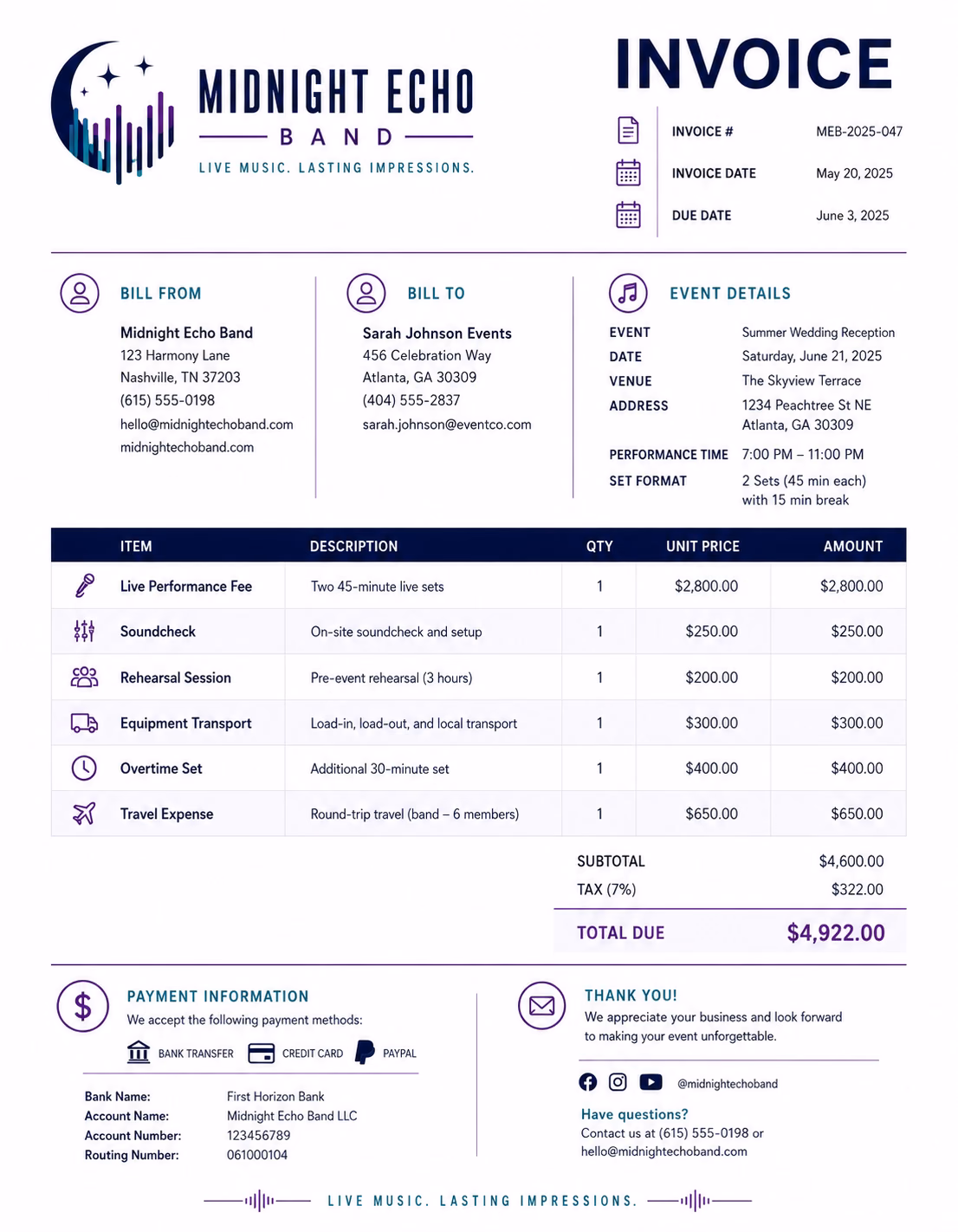 Free Band Invoice Template Band invoice template showing performance fees, event details, music services, and payment information
