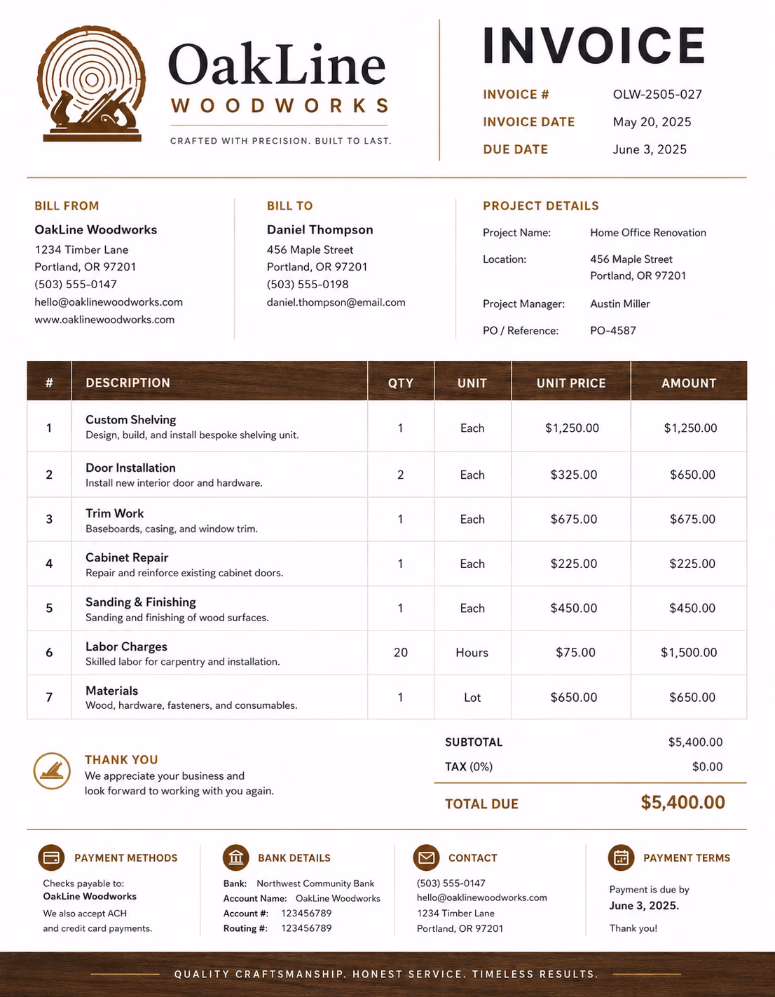 Free Carpentry Invoice Template Carpentry invoice template showing woodworking services, materials, labor charges, and payment details