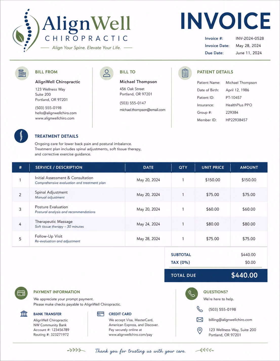 Free Chiropractor Invoice Template Chiropractor invoice template showing chiropractic treatment services, session details, treatment charges, and payment information
