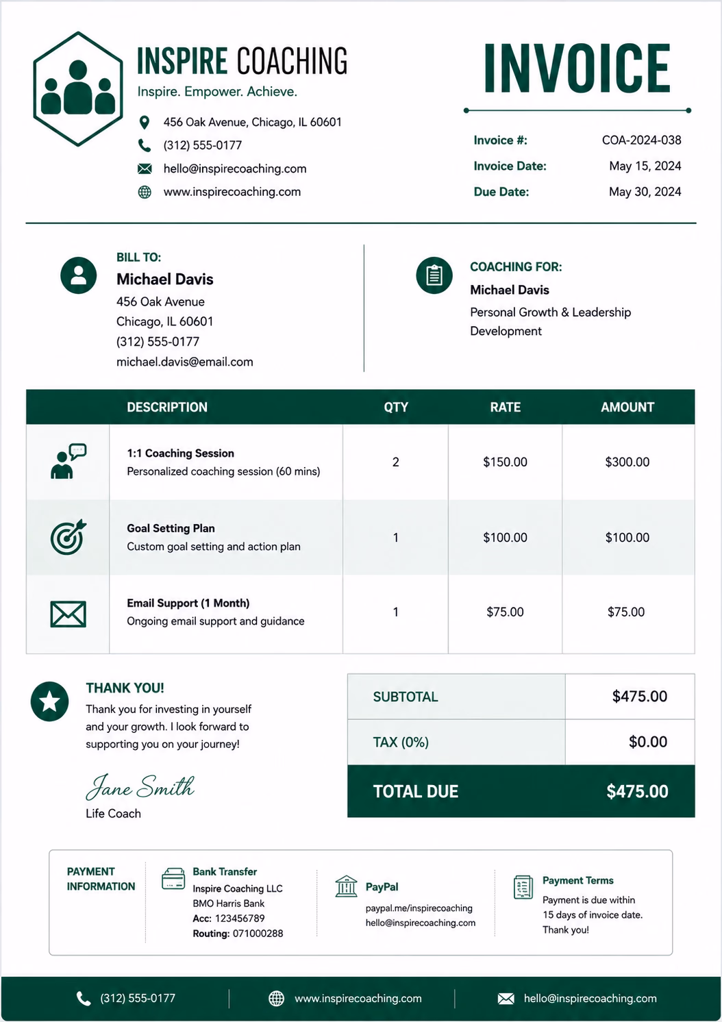 Free Coaching Invoice Template Coaching invoice template showing coaching services, session details, program fees, and payment information