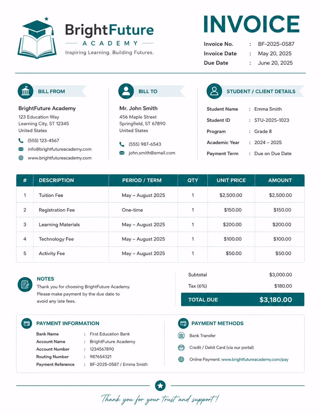 Free Education Invoice Template Education invoice template showing educational services, course details, tuition fees, and payment information
