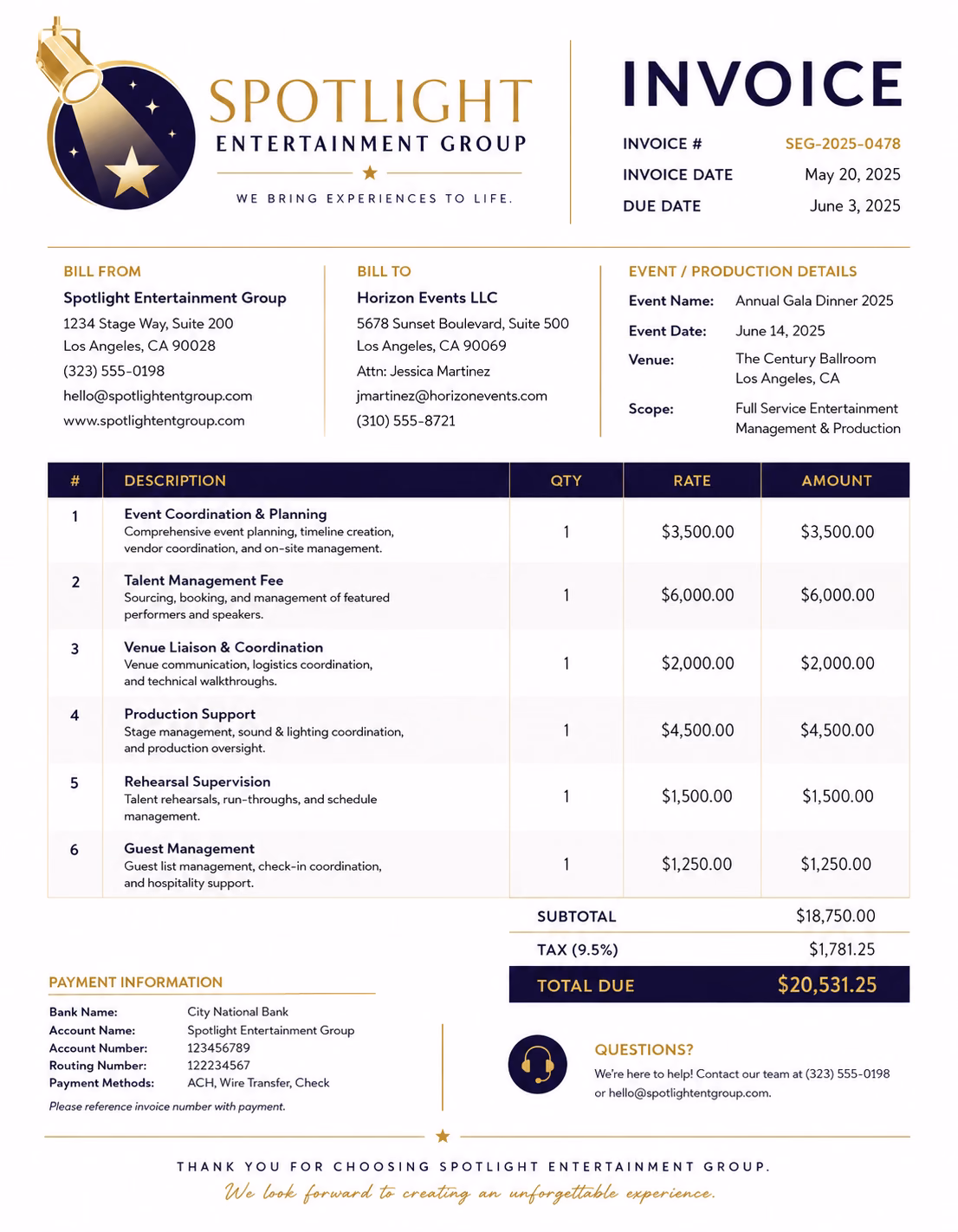 Free Entertainment Invoice Template Entertainment invoice template showing live performances, event entertainment, talent fees, equipment, travel, setup time, deposits, and payment details