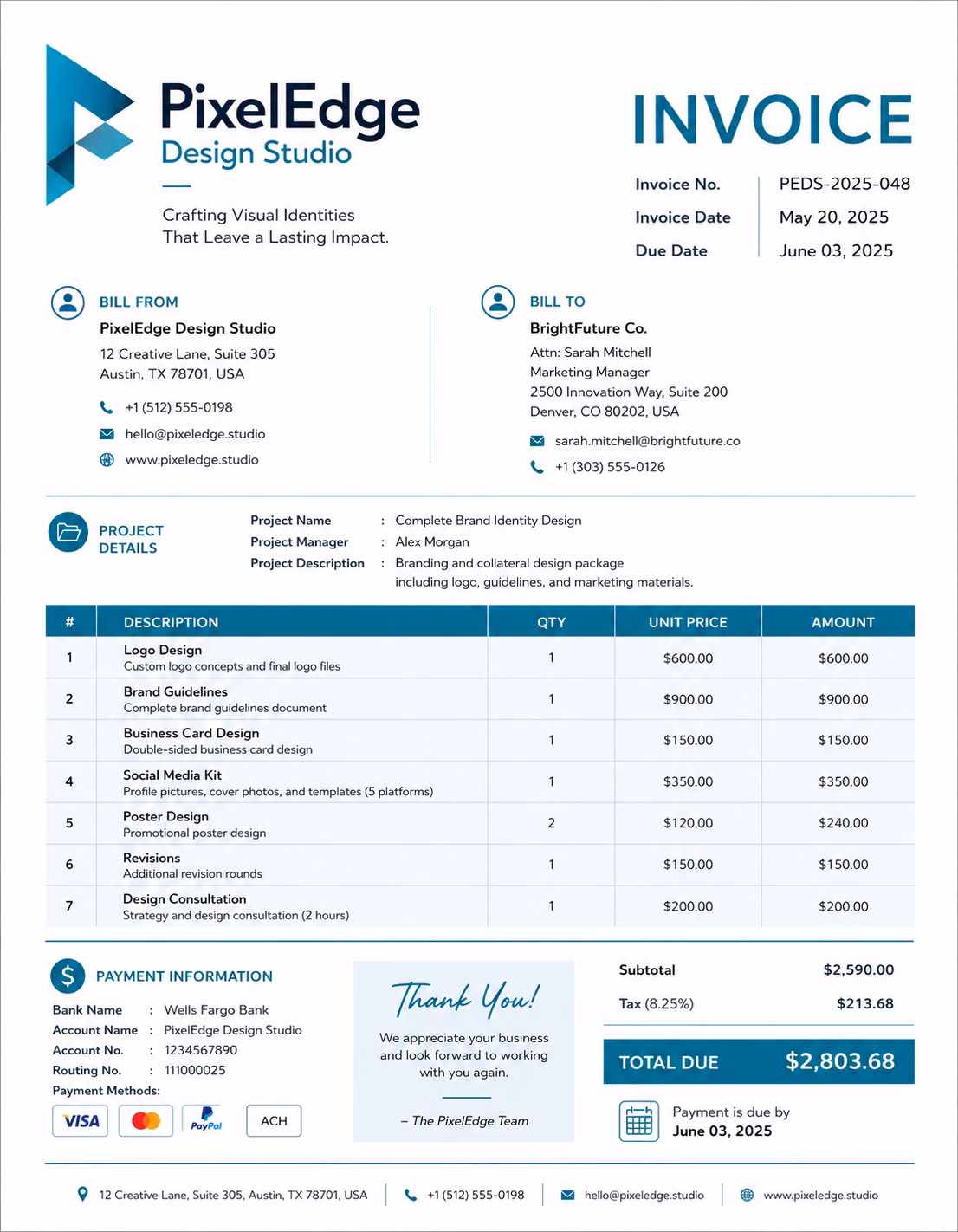 Free Graphic Design Invoice Template Graphic design invoice template showing logo design, branding, illustrations, revisions, digital files, source files, licensing, deposits, and payment details