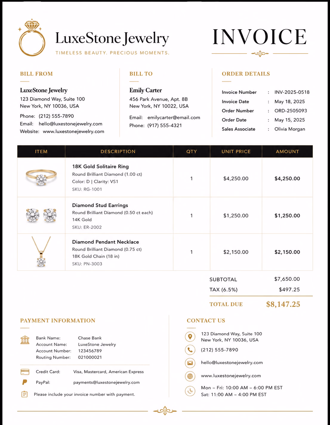 Free Jewelry Invoice Template Jewelry invoice template showing jewelry products or services, item details, charges, and payment information