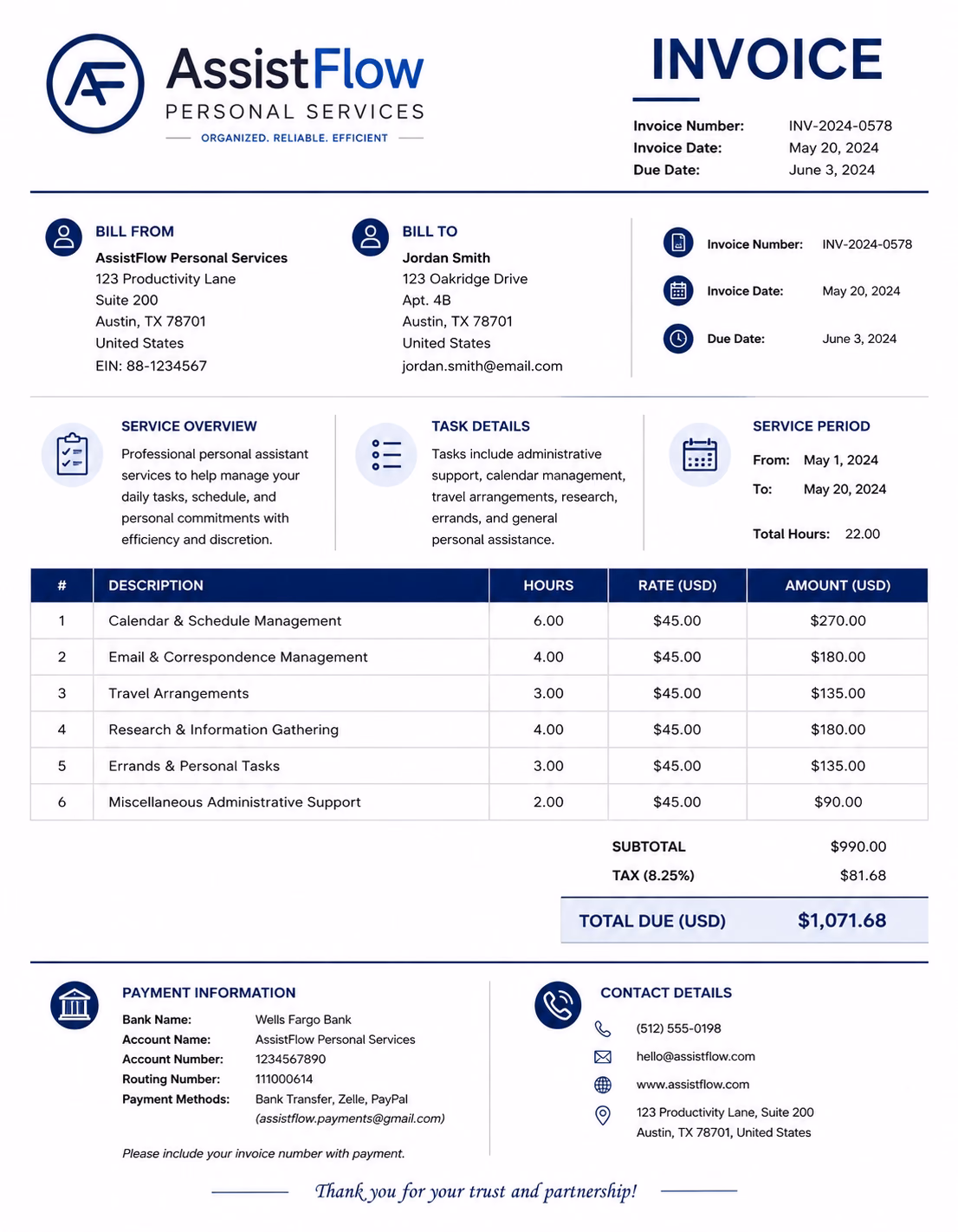 Free Personal Assistant Invoice Template Personal assistant invoice template showing administrative support services, service hours, task details, and payment information
