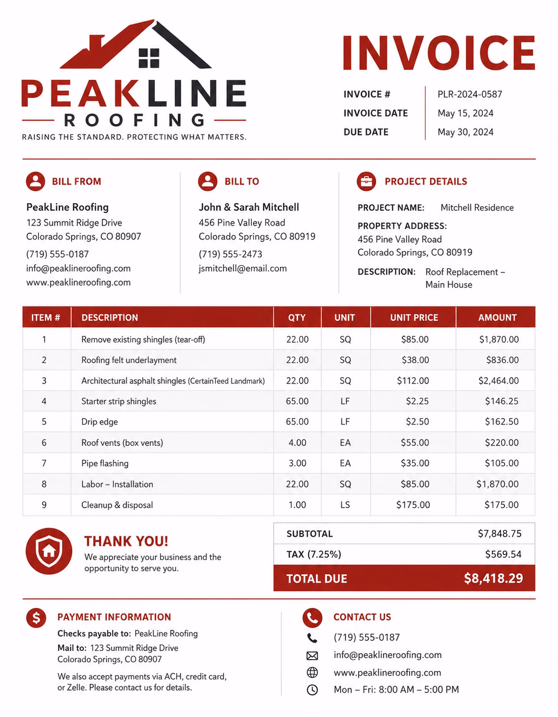 Free Roofing Invoice Template Roofing invoice template showing roof repair, installation services, labor charges, materials, and payment details