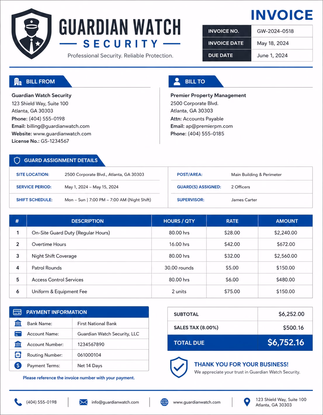 Free Security Guard Invoice Template Security guard invoice template showing security services, service hours, site details, and payment information
