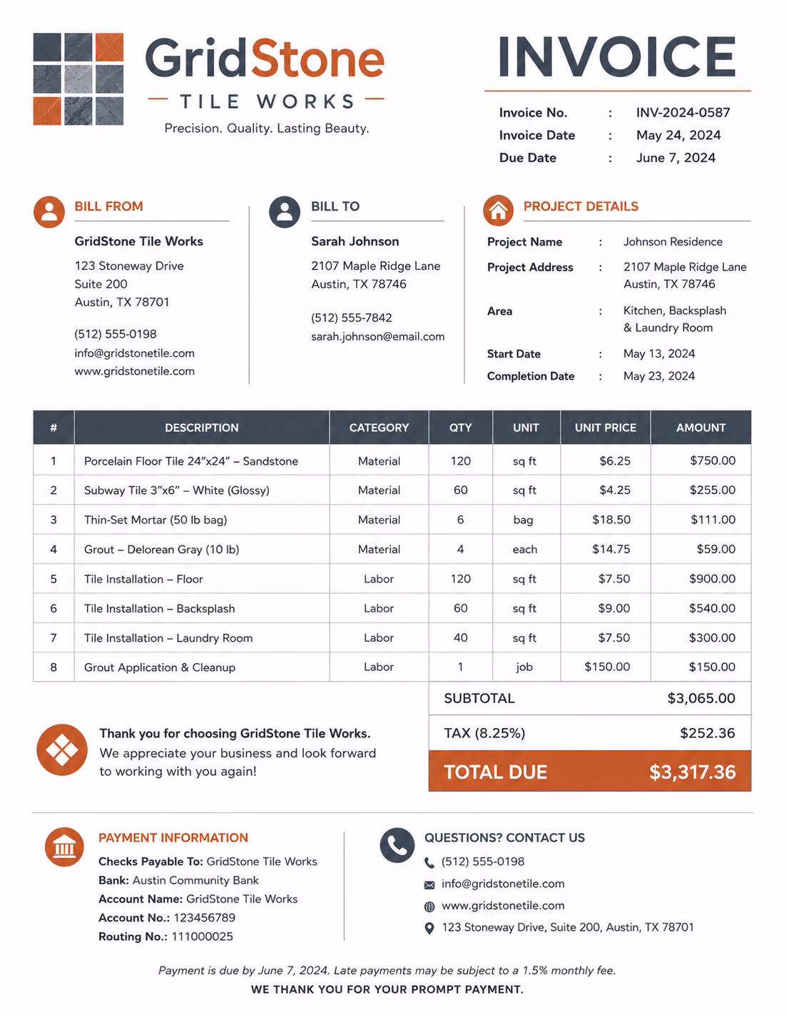Free Tile Installation Invoice Template Tile installation invoice template showing tiling services, labor charges, materials, and payment details
