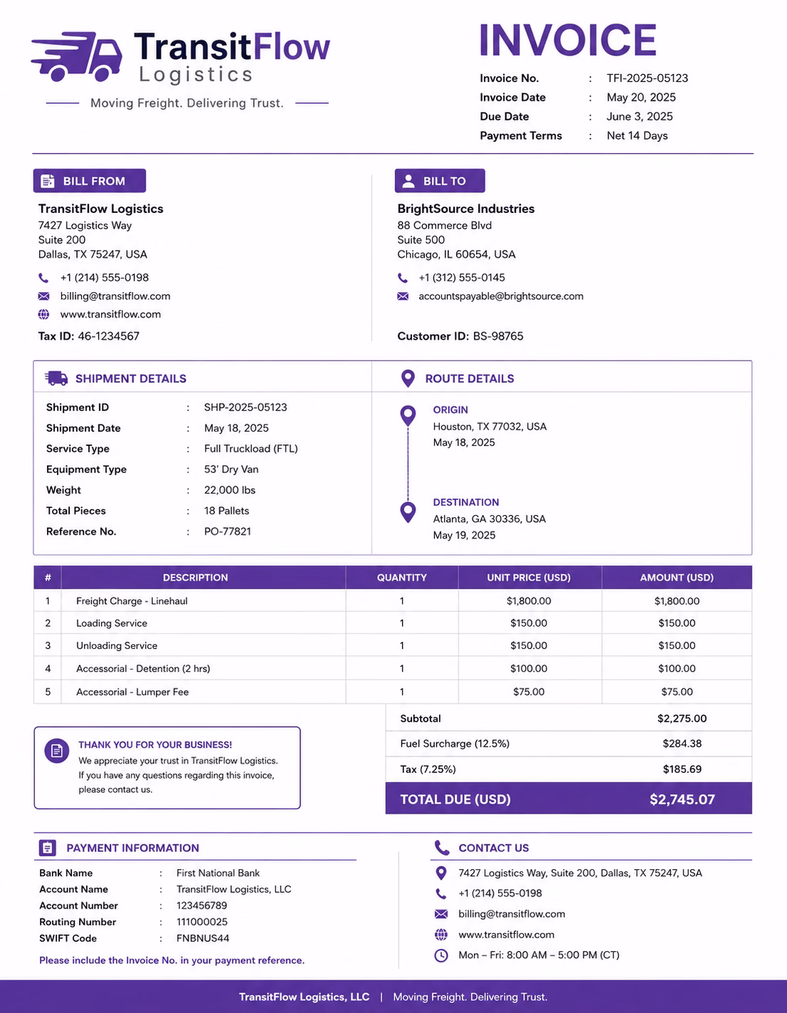 Free Transportation Invoice Template Transportation invoice template showing transportation services, trip details, service charges, and payment information
