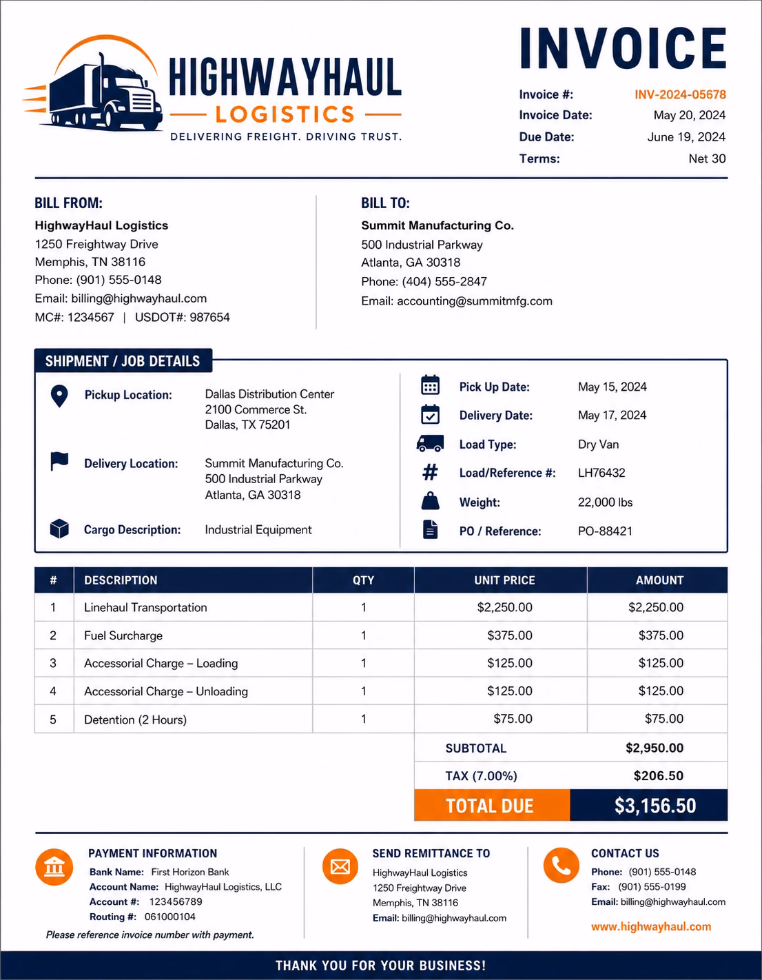 Free Trucking Invoice Template Trucking invoice template showing freight hauling, mileage, fuel charges, delivery fees, labor, taxes, and payment details