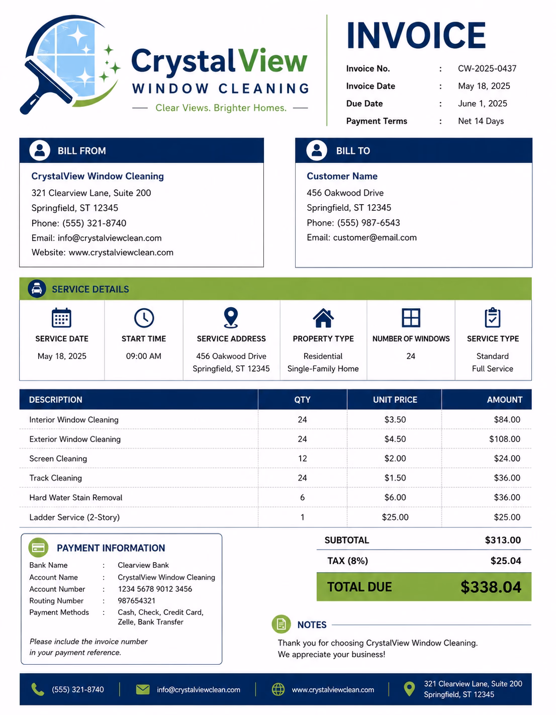 Free Window Cleaning Invoice Template Window cleaning invoice template showing window cleaning services, service details, labor charges, and payment information