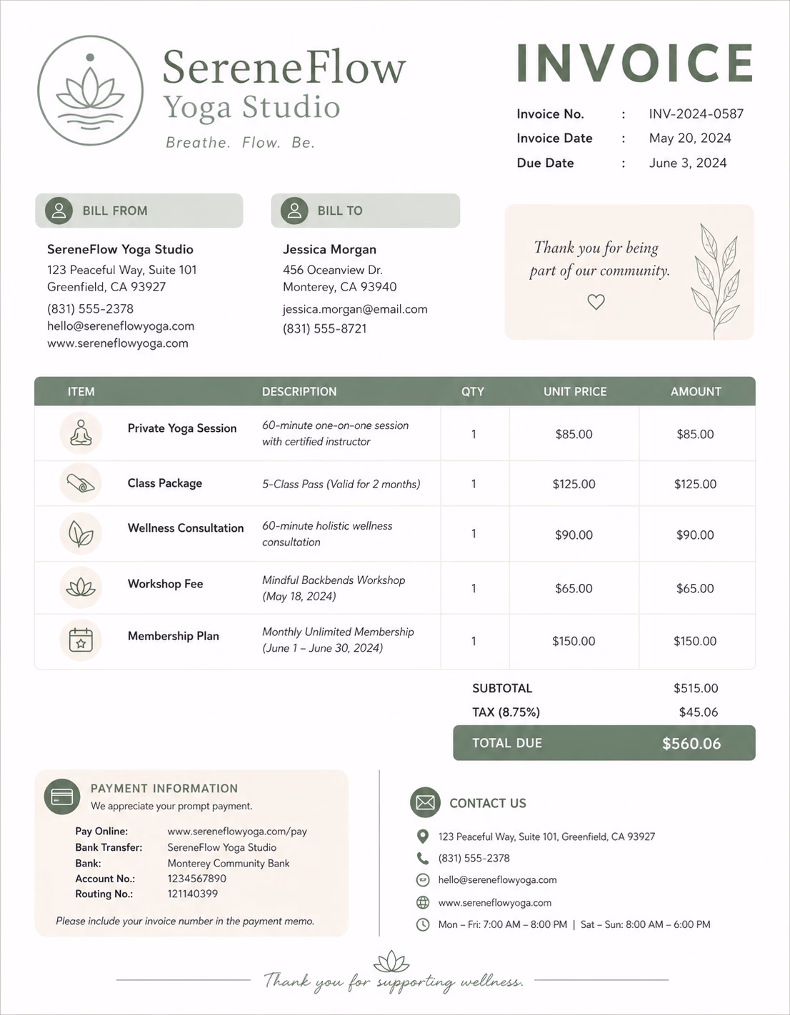 Free Yoga Invoice Template Yoga invoice template showing yoga instruction services, class details, session fees, and payment information