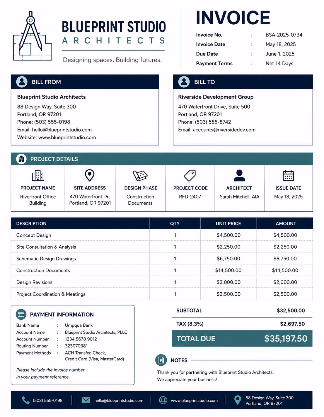 Free Architect Invoice Template Architect invoice template showing architectural services, project details, design fees, and payment information