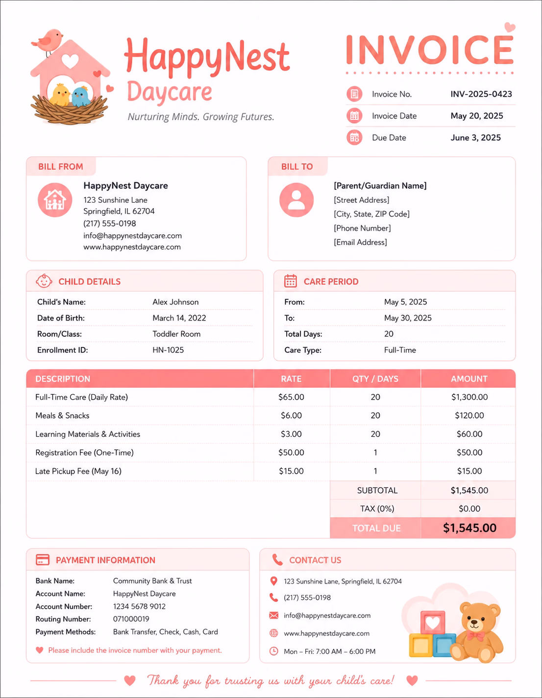 Free Daycare Invoice Template Daycare invoice template showing daycare services, care hours, service charges, and payment information