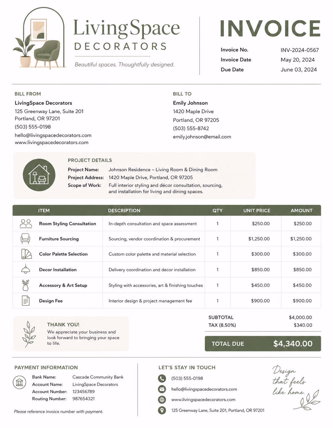 Free Decorators Invoice Template Decorators invoice template showing decoration services, event setup, décor rentals, materials, deposits, and payment details