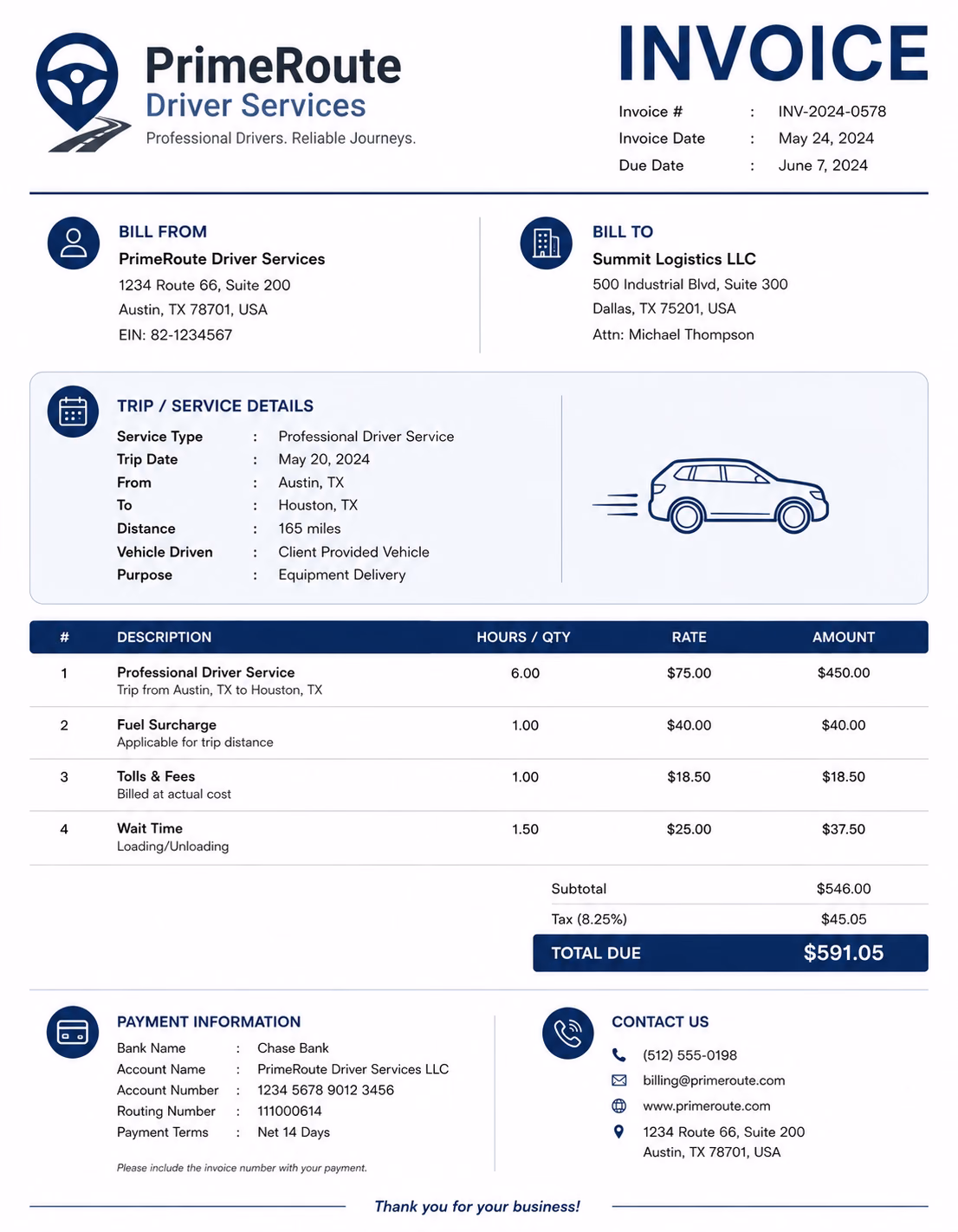 Free Driver Invoice Template Driver invoice template showing driving services, trip details, service hours, and payment information