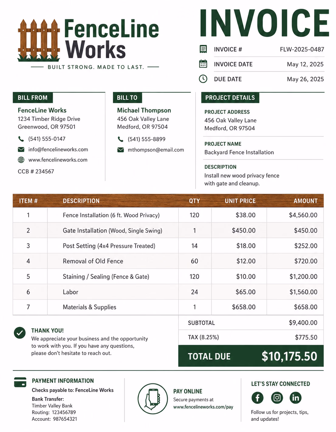 Free Fencing Invoice Template Fencing invoice template showing fence installation labor, repair work, posts, panels, gates, materials, taxes, and payment details