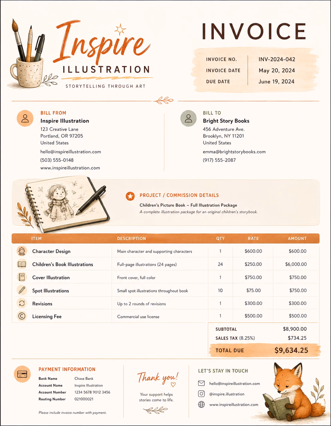 Free Illustrator Invoice Template Illustrator invoice template showing illustration services, artwork details, project charges, and payment information