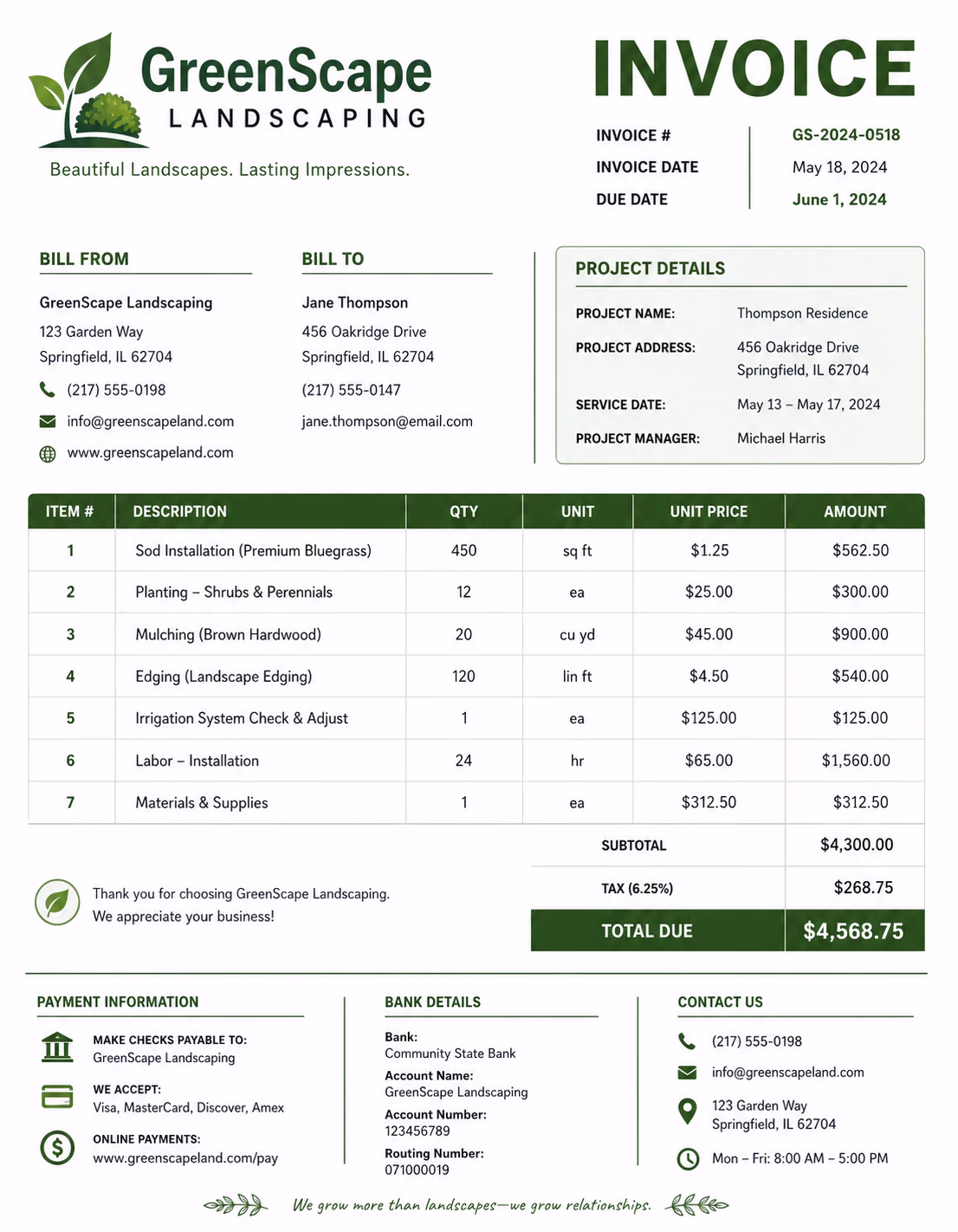 Free Landscaping Invoice Template Landscaping invoice template showing lawn care, garden maintenance, planting, labor, materials, equipment costs, taxes, and payment details