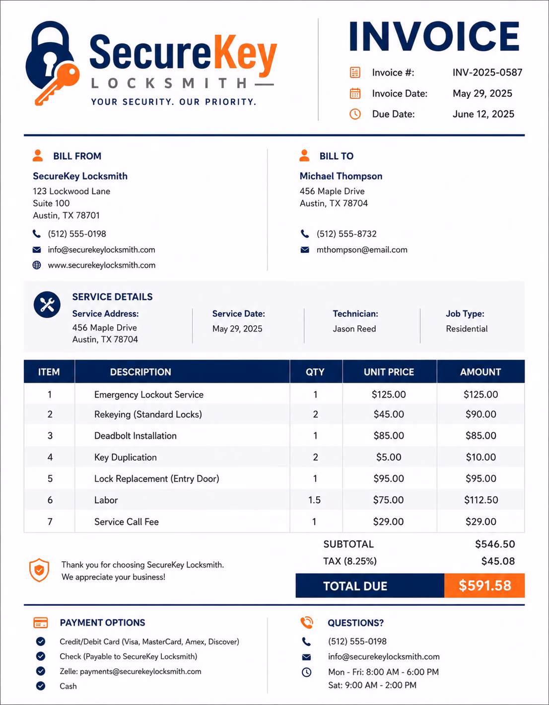 Free Locksmith Invoice Template Locksmith invoice template showing rekeying, lock installation, emergency lockout service, repairs, parts, labor, taxes, and payment details